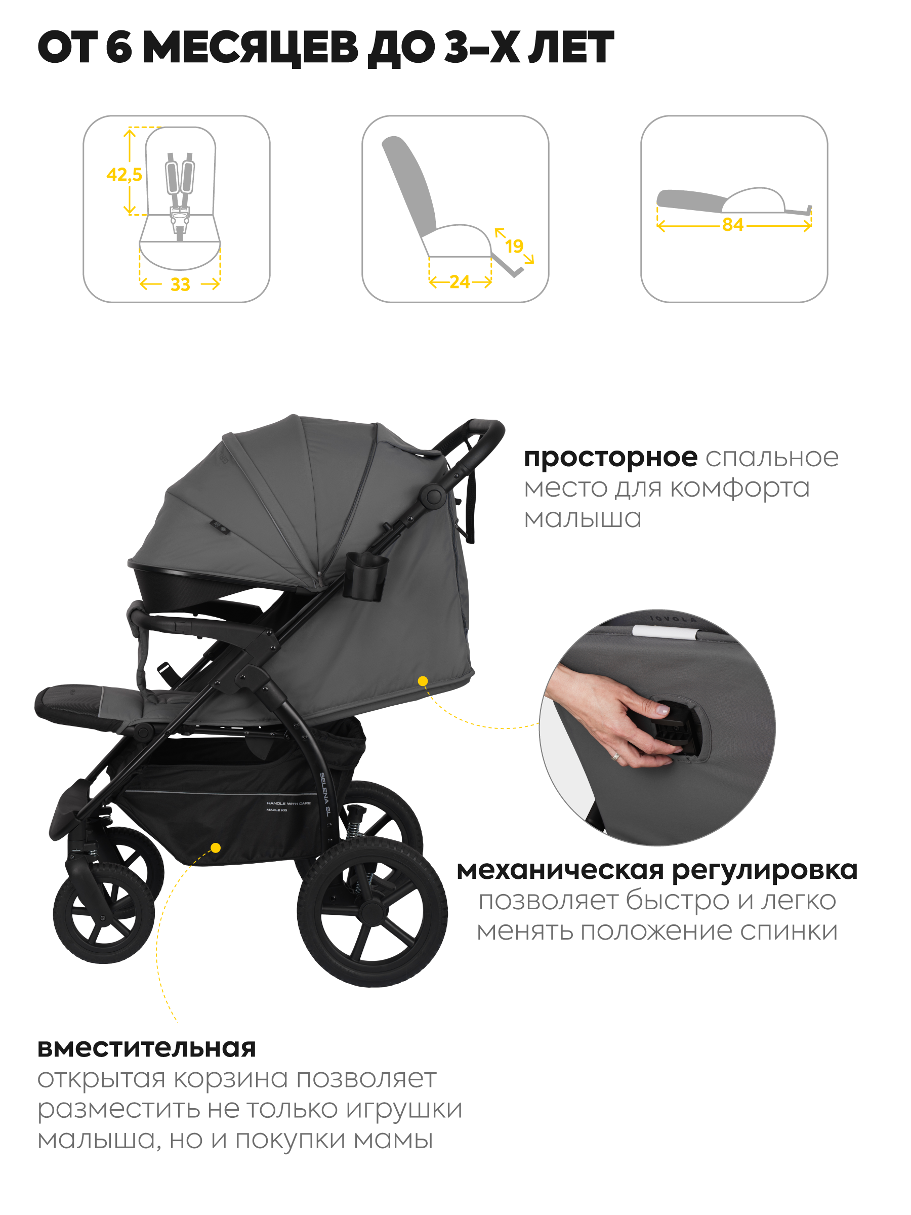 Коляска прогулочная JOVOLA Selena SL, всесезонная серый - фото 6