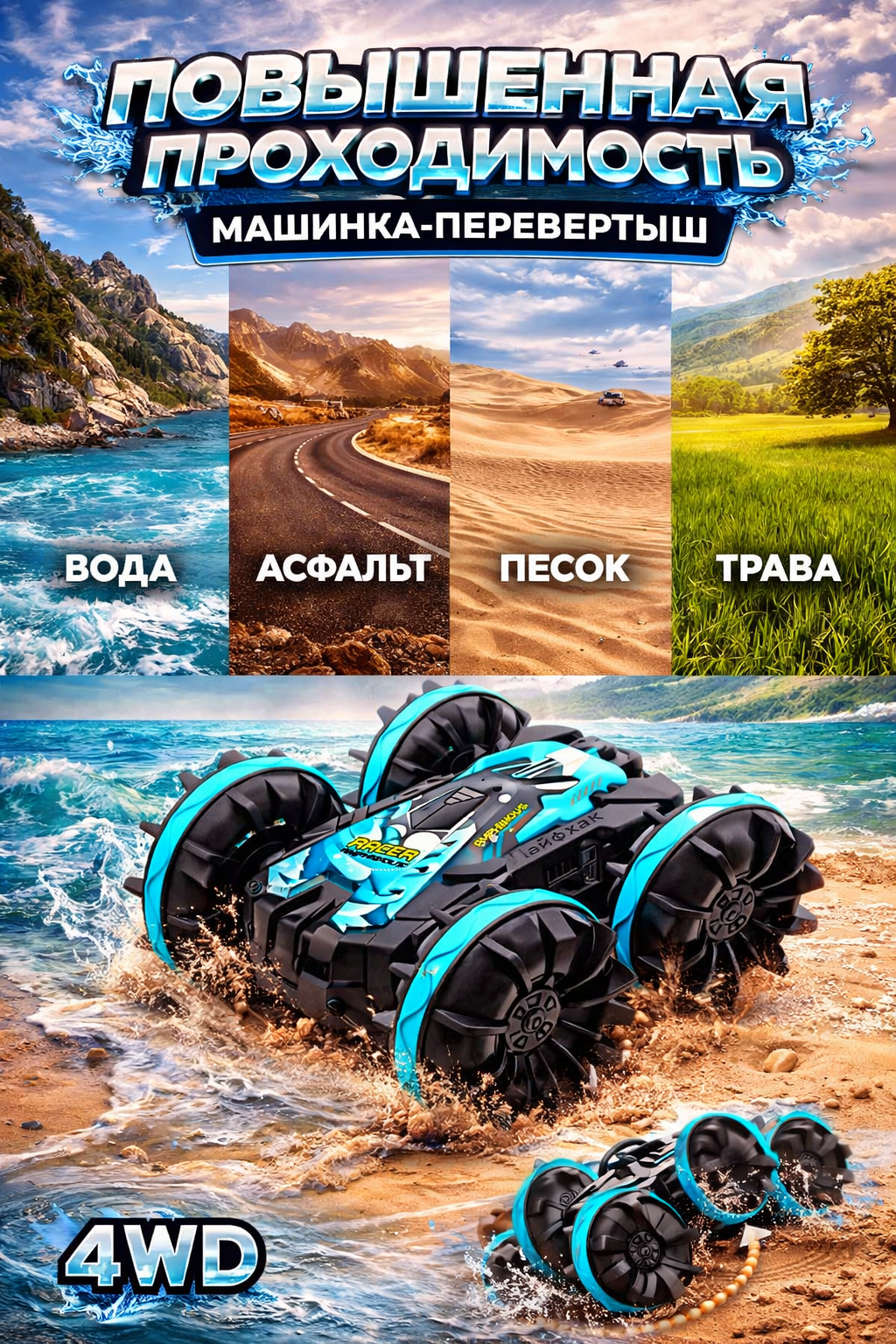 Автомобиль РУ BalaToys Перевертыш Дрифт Амфибия 360 - фото 3