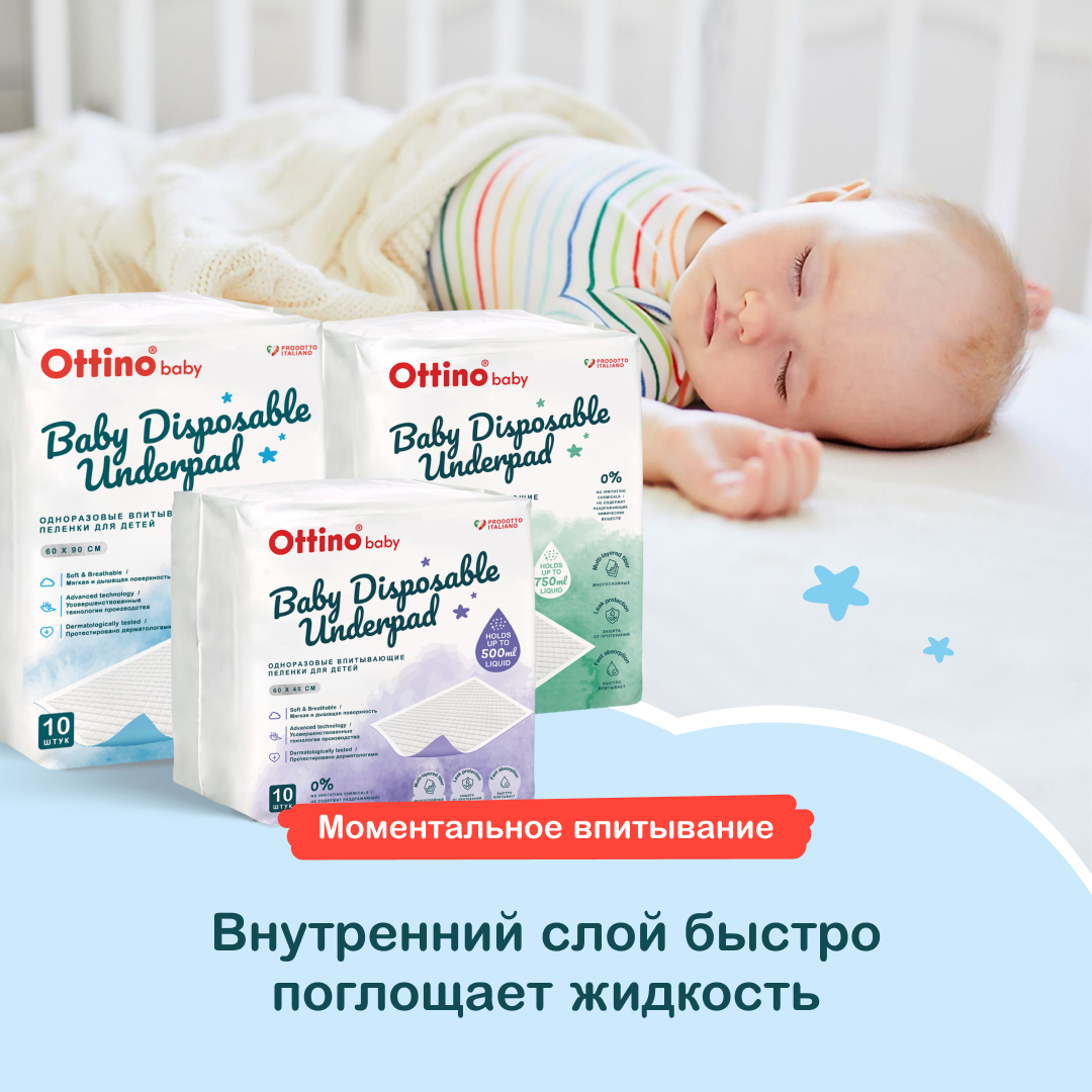 Пелёнки одноразовые OTTINO 60х90 см 2 упак. 10 шт. - фото 7