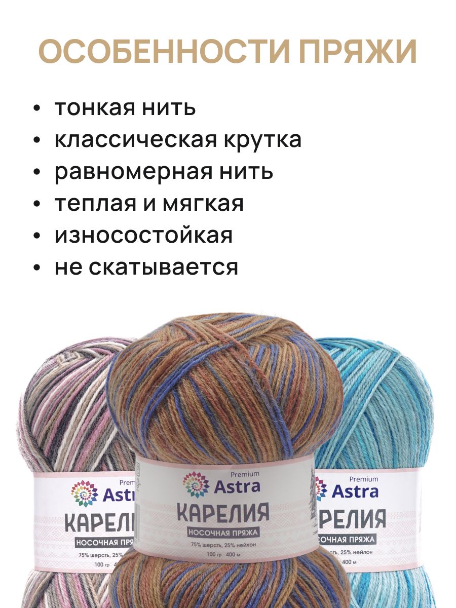 Пряжа для вязания Astra Premium карелия носочная шерсть нейлон 100 гр 400 м цвет 1005 2 мотка - фото 3
