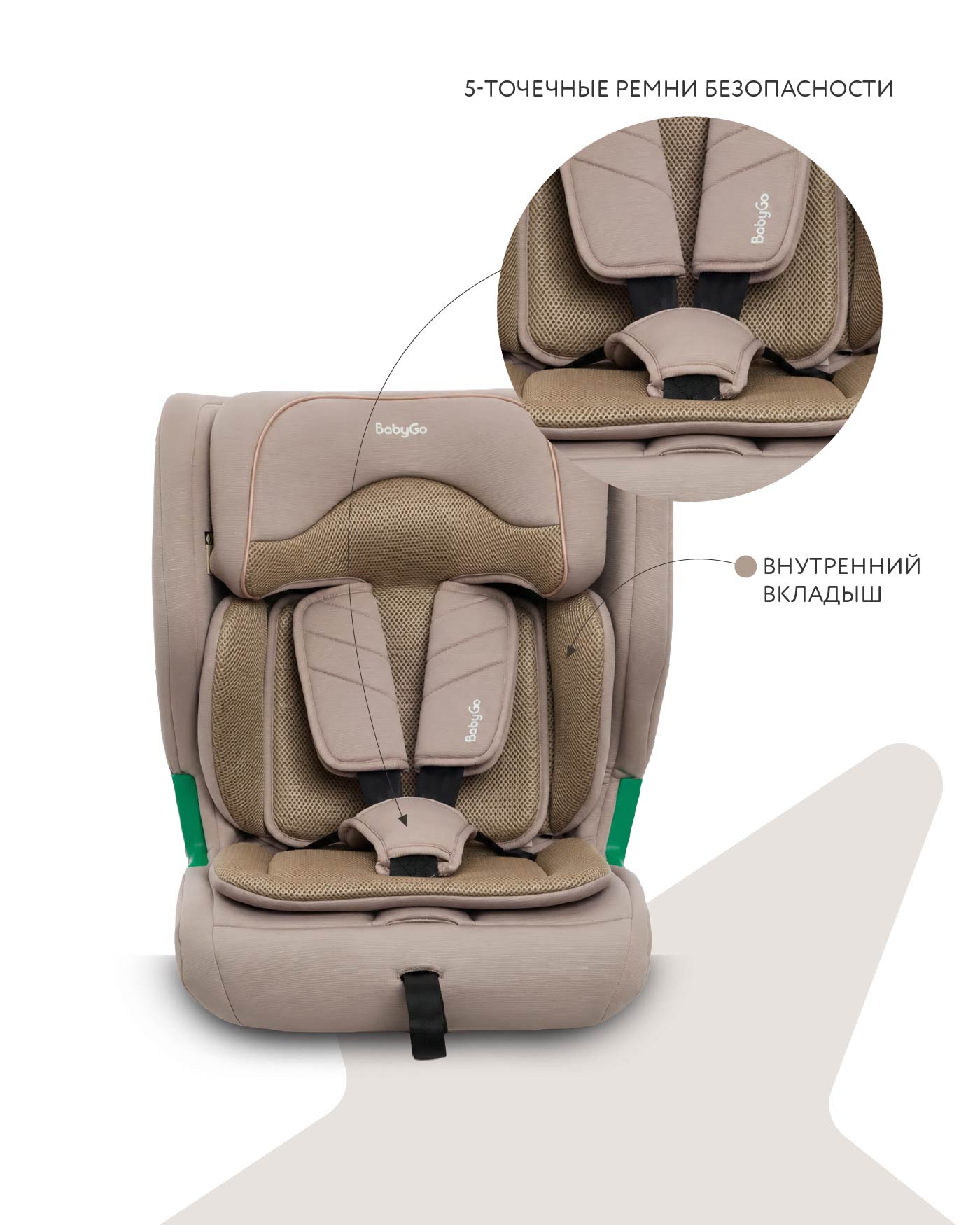 Автокресло BabyGo Flex Isofix 1/2/3 (9-36 кг) бежевый - фото 5