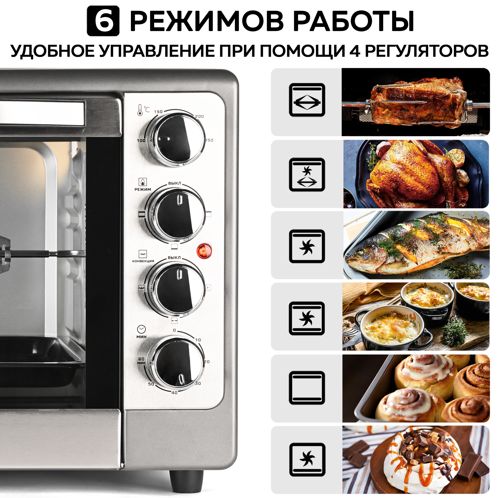 Мини-печь GFGRIL GFO-48 духовой шкаф на 48 л цвет нержавеющая сталь - фото 2