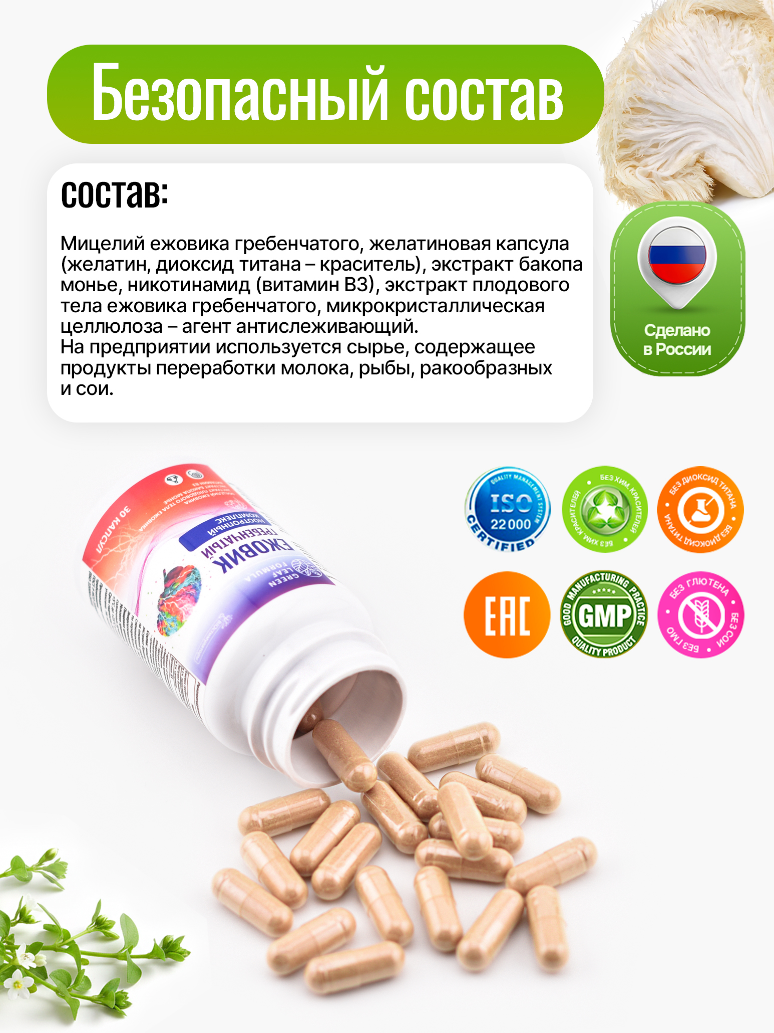 Ноотроп комплекс ежовик гребенчатый Green Leaf Formula витаминный комплекс для мозга памяти - фото 4