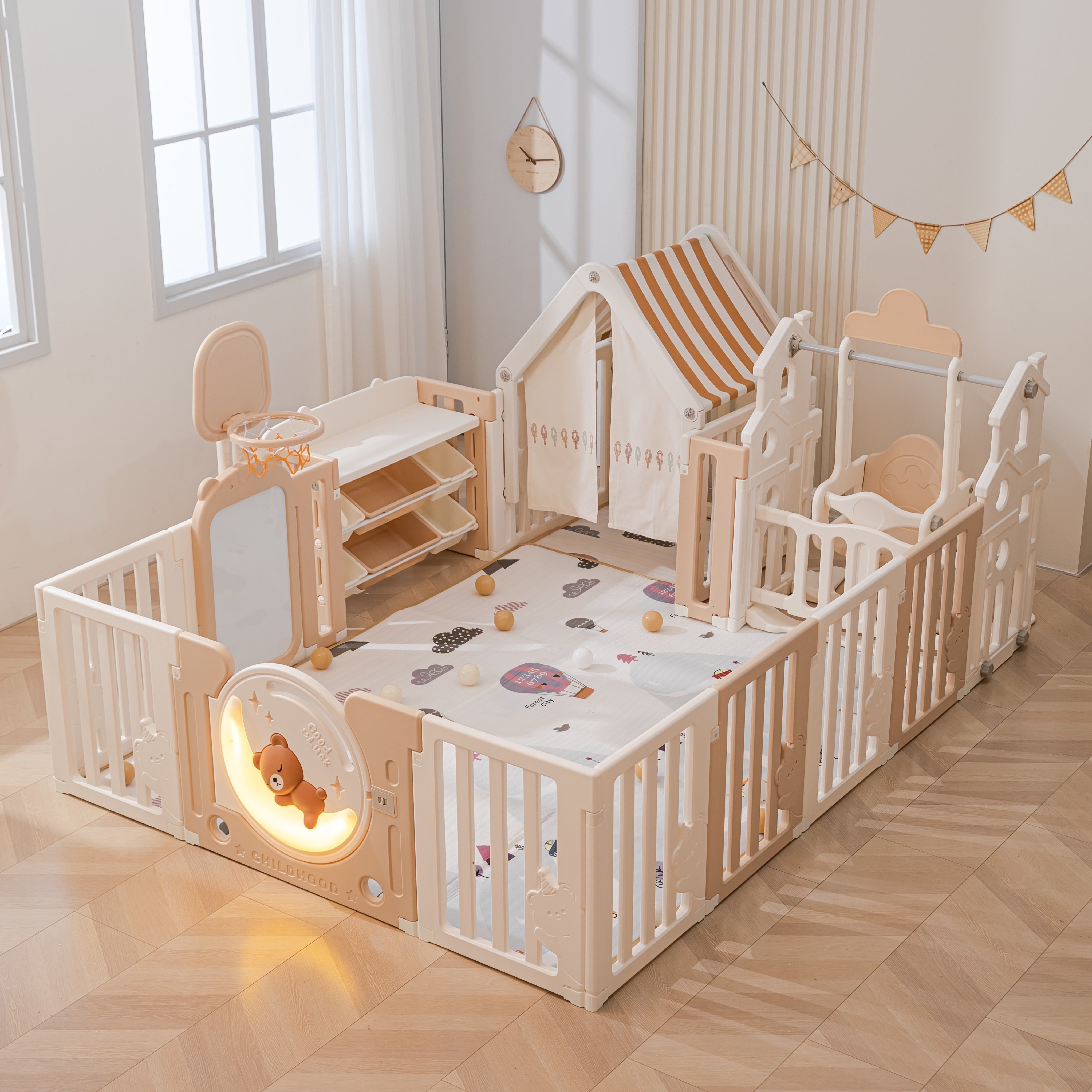 Манеж UNIX Kids DeLuxe House Storage (150x180 cm) Camel PPLXSWHS180WC - фото 1