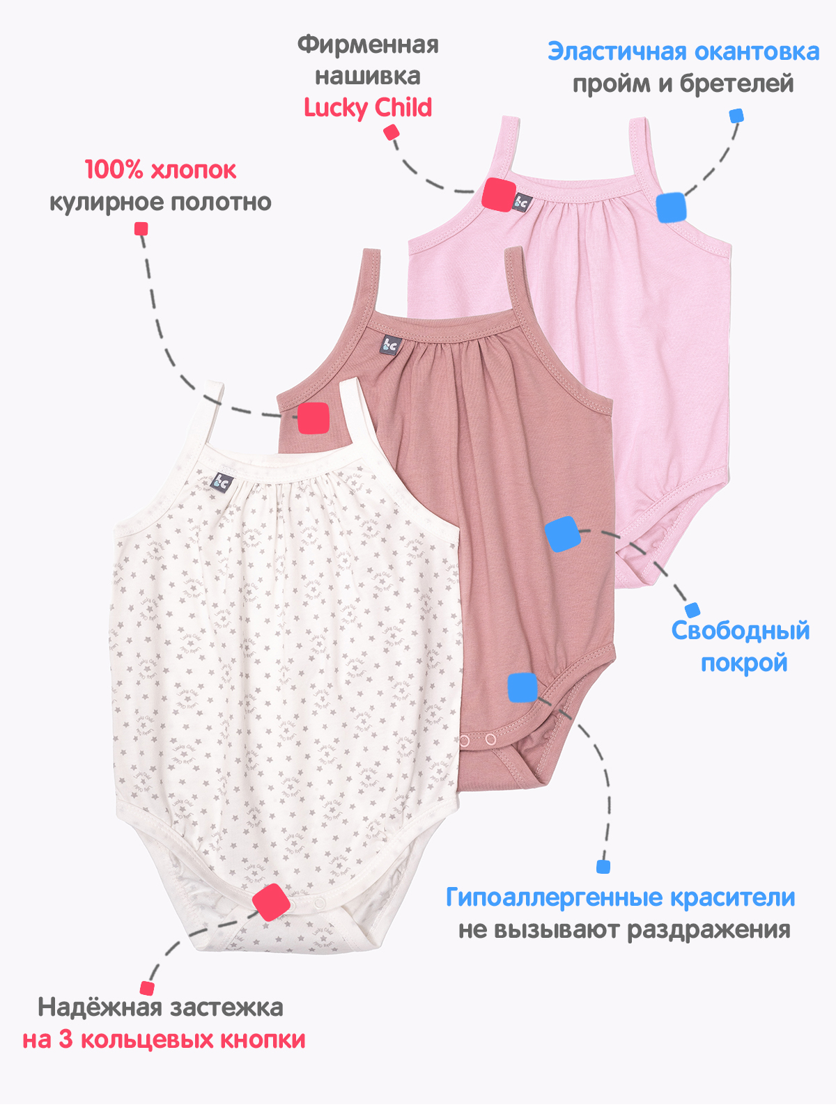 Боди 3 шт Lucky Child 146-19К/роз/св-роз/звезды/0-2 - фото 4