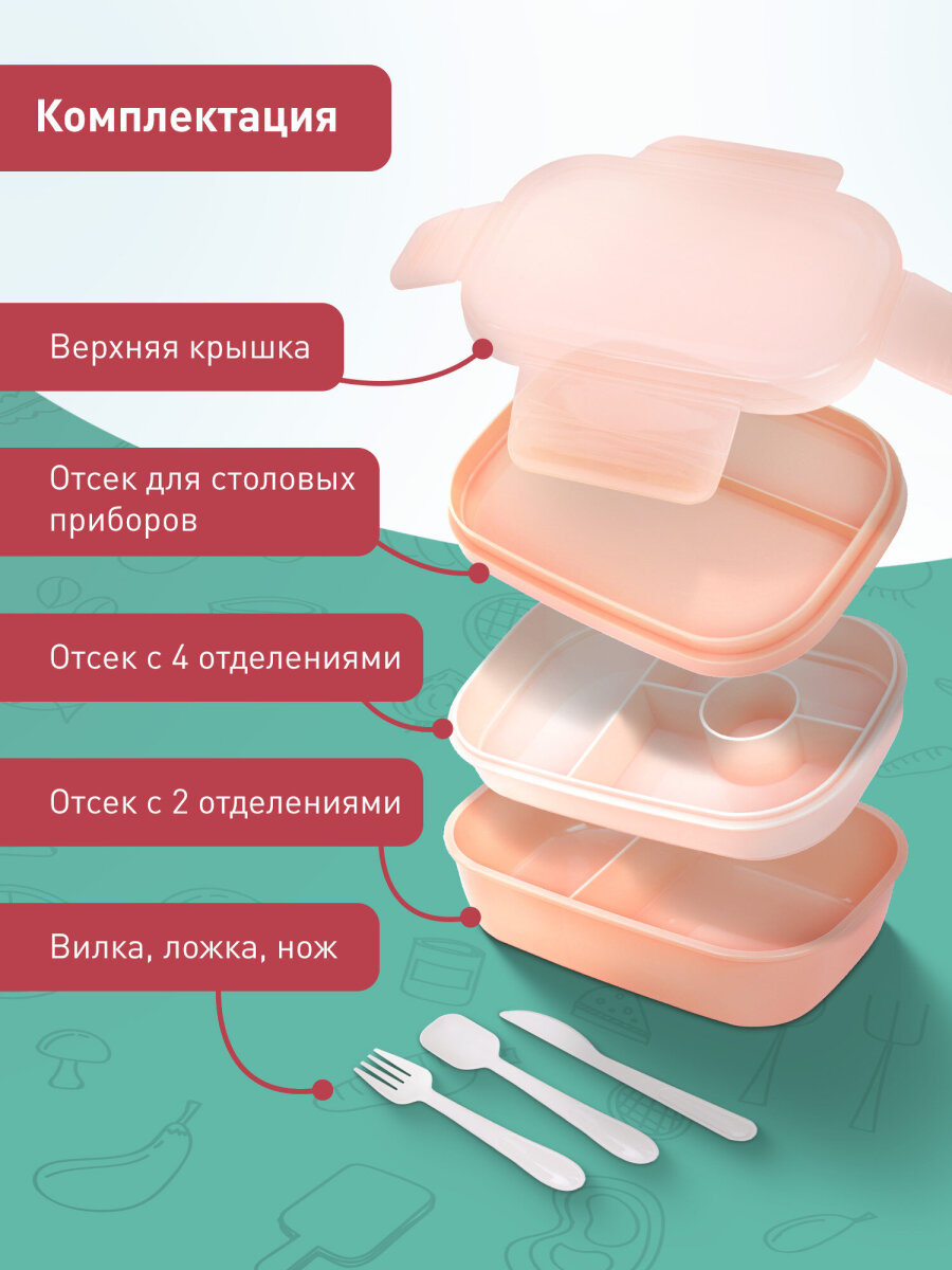 Ланч-бокс Joylux контейнер для еды с 8 отделениями и приборами 1,9 л 3 уровня 10х21х14 см - фото 2