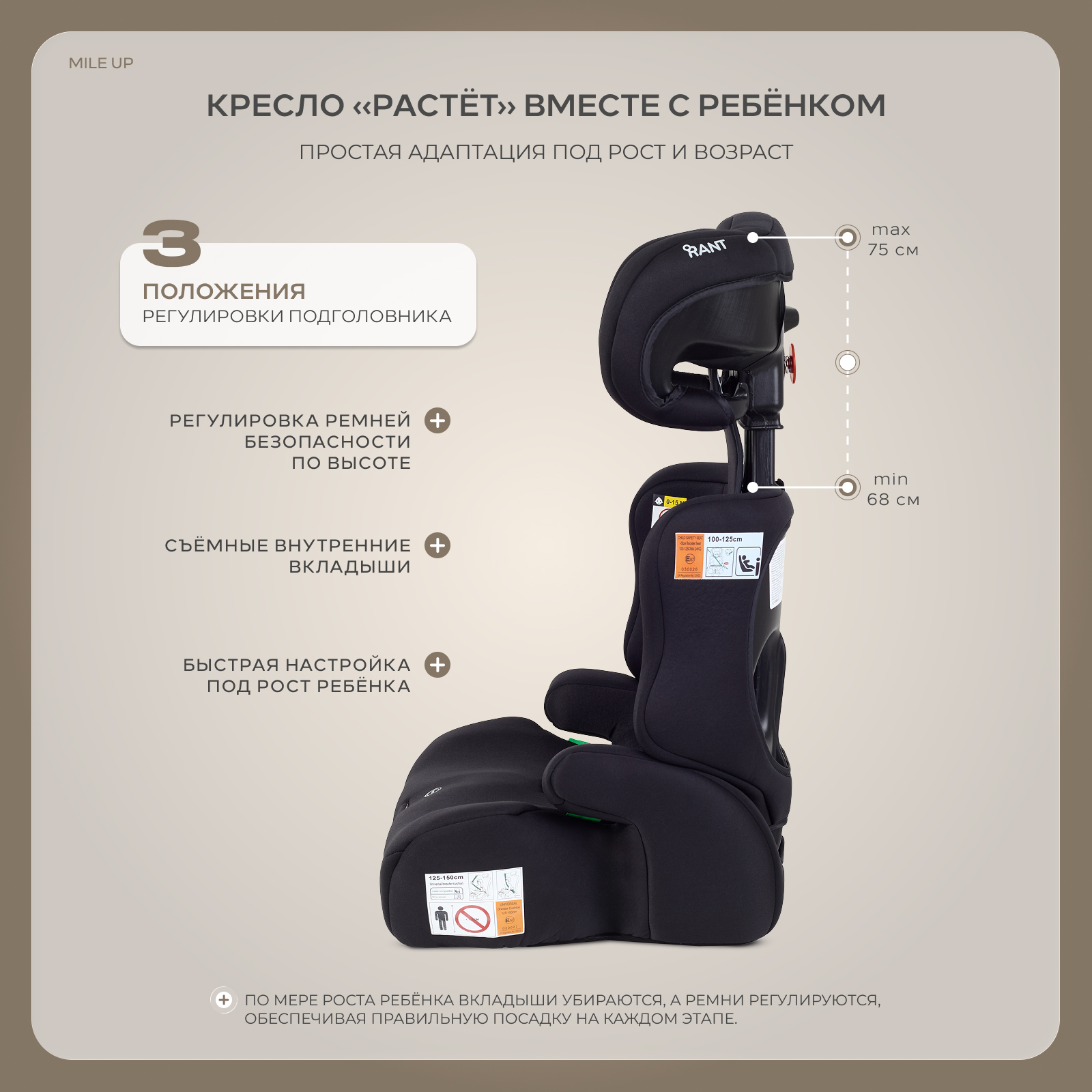 Автокресло Rant Basic Mile UP 1/2/3 (9-36 кг) черный - фото 3