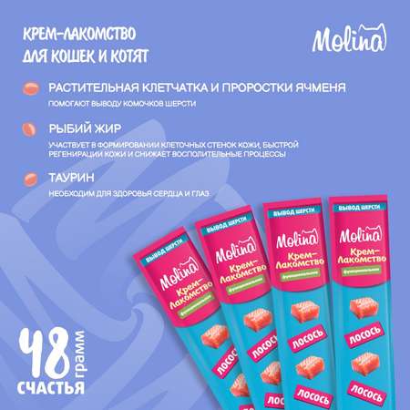 Крем-лакомство для кошек Molina 48г с лососем здоровая кожа и шерсть