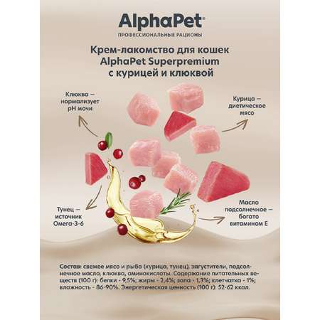 Лакомство для кошек AlphaPet Superpremium крем с курицей и клюквой 48г