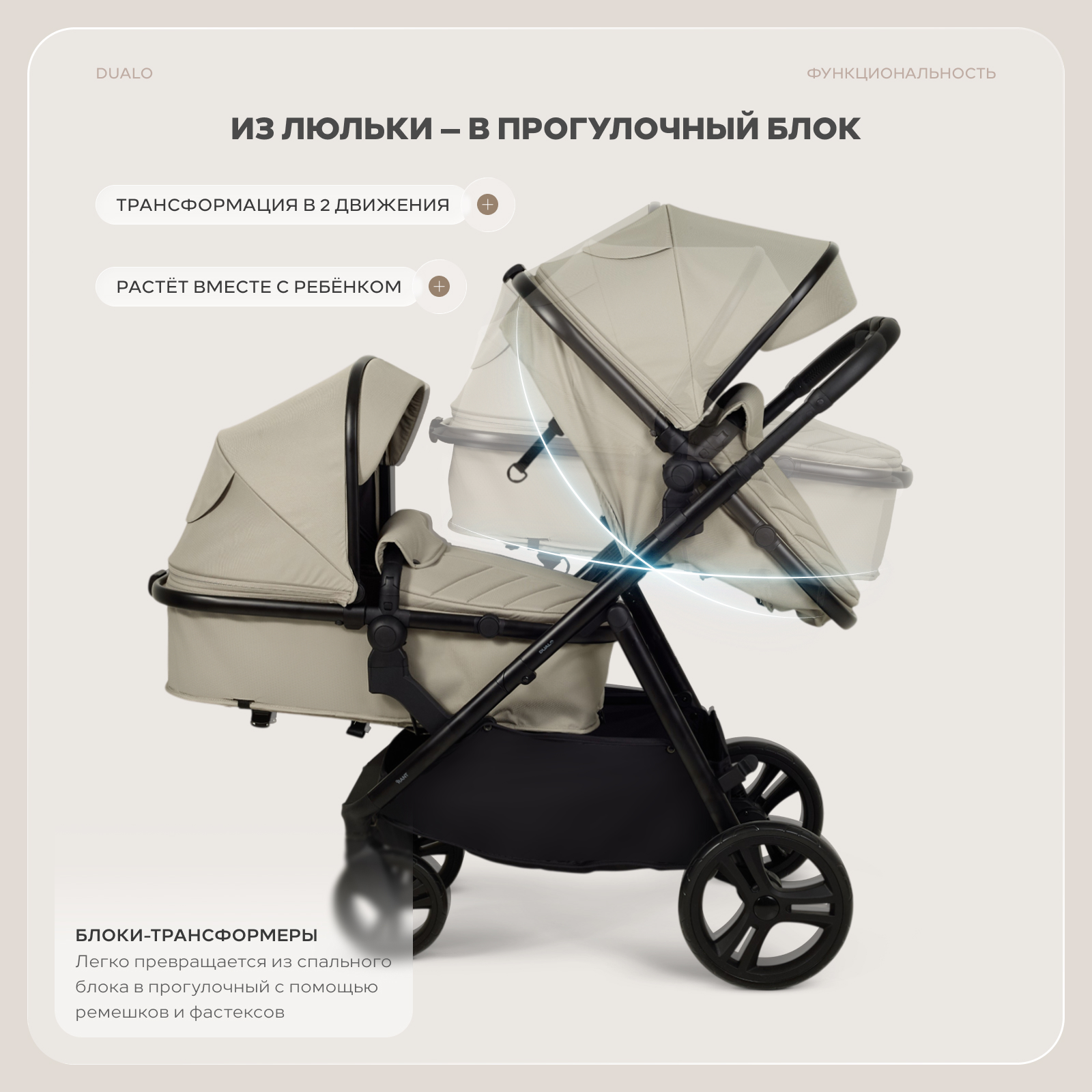 Коляска 2в1 для двойни Rant Basic Dualo бежевый - фото 2