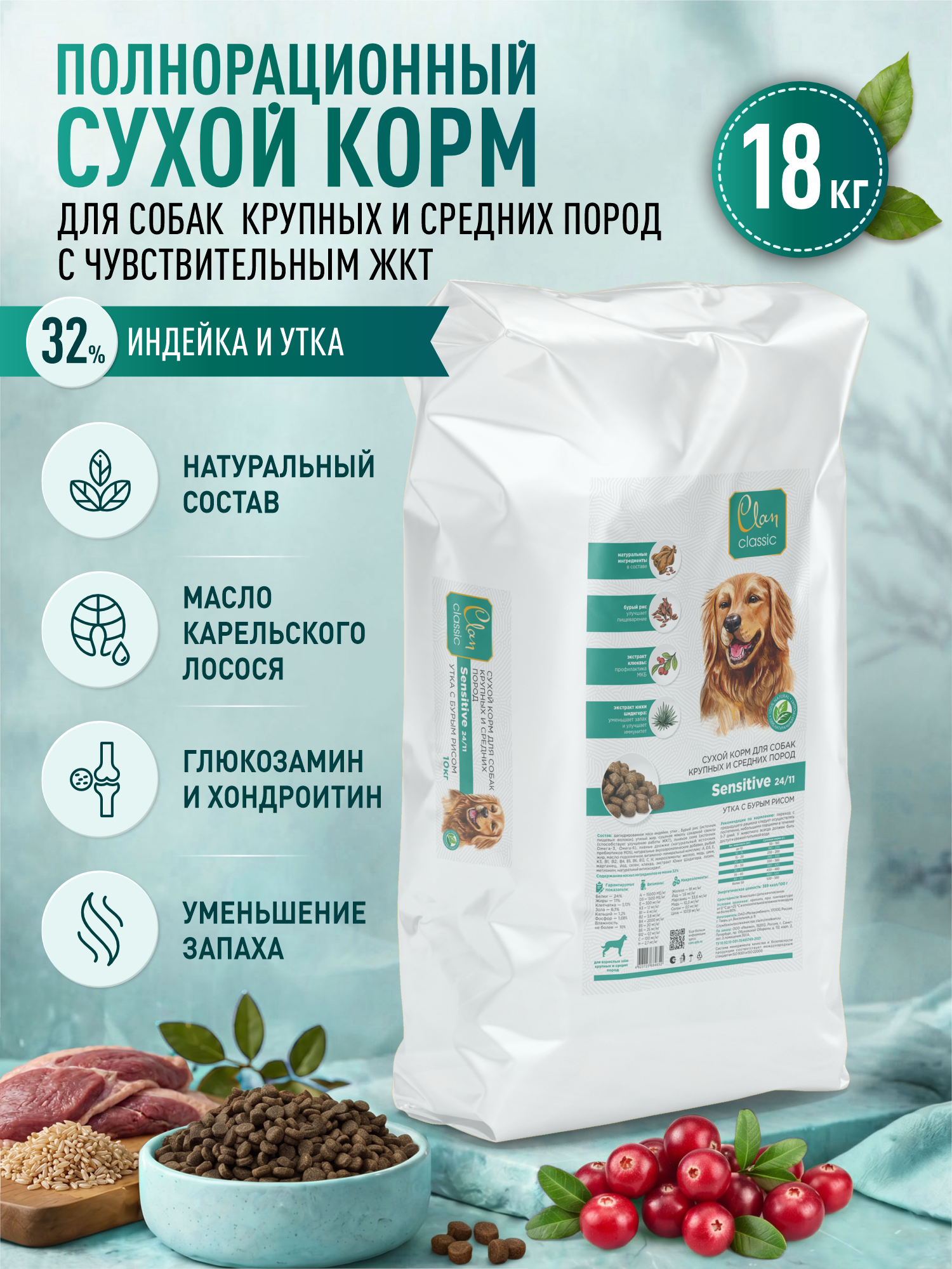 Корм для собак крупных и средних сухой Clan Classic Sensitive 24/11 с чувствительным пищеварением утка с бурым рисом 18кг - фото 1