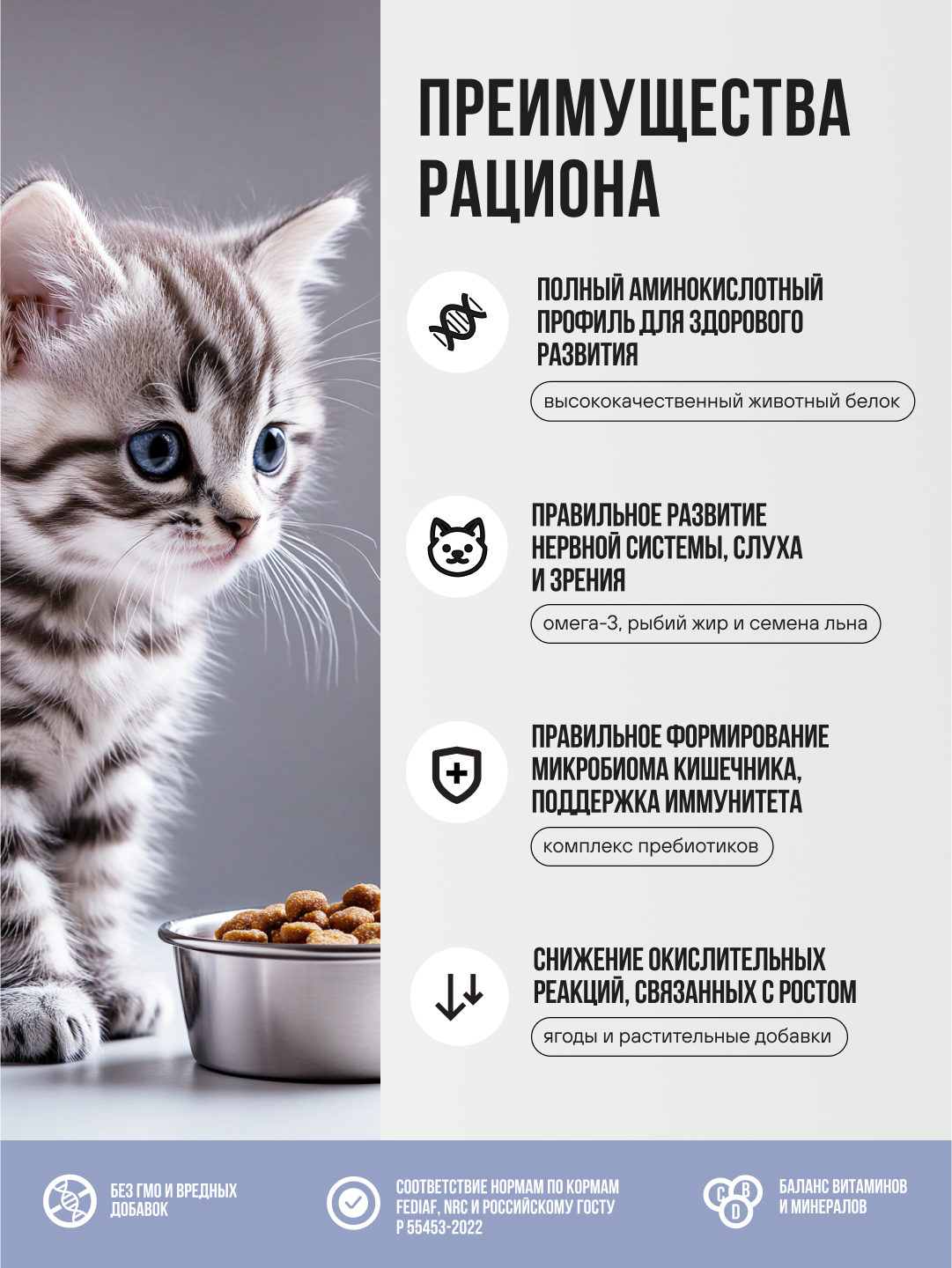 Корм сухой полнорационный BOWL WOW для котят с индейкой курицей и черникой 1,5кг - фото 2