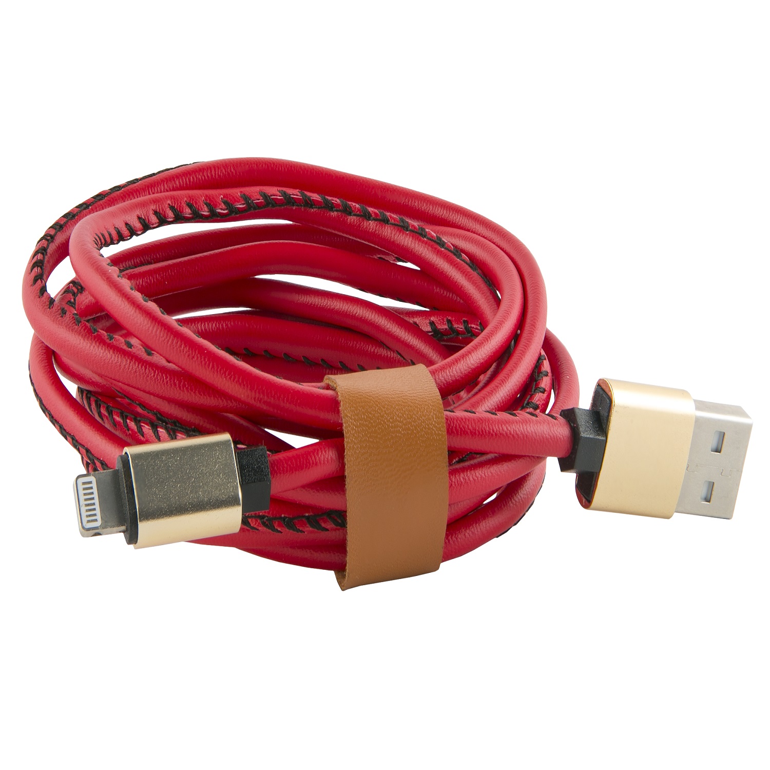 Дата-кабель RedLine USB – 8 – pin для Apple 2 метра оплетка экокожа красный - фото 1