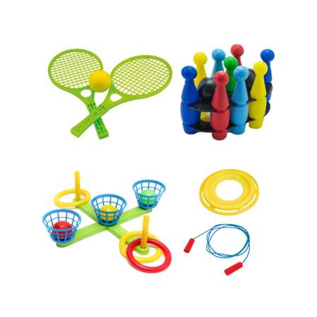 Игровой набор ТЕБЕ ИГРУШКА Скакалка + ракетки + фрисби + кегли + кольцеброс