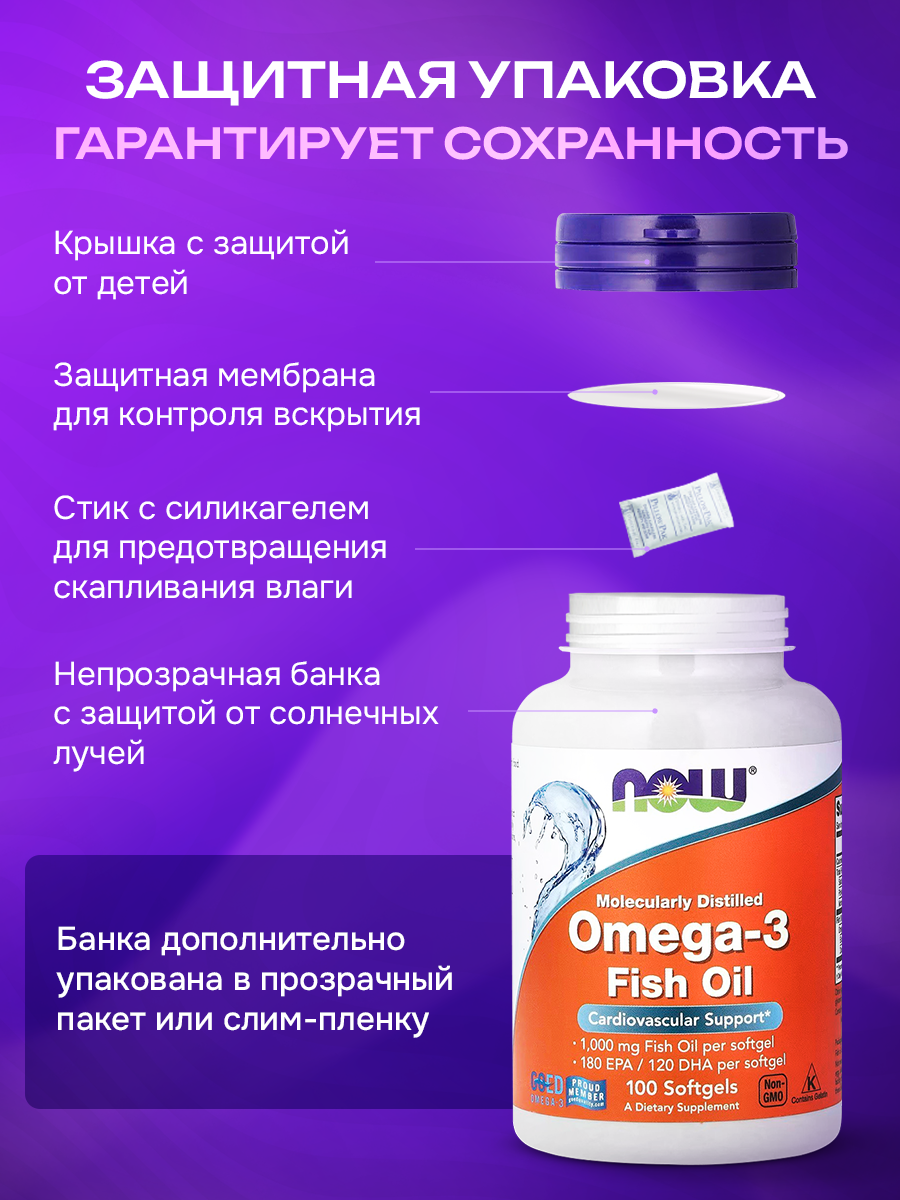 БАД NOW Омега 3 1000мг 100 капсул Omega 3 рыбий жир - фото 7