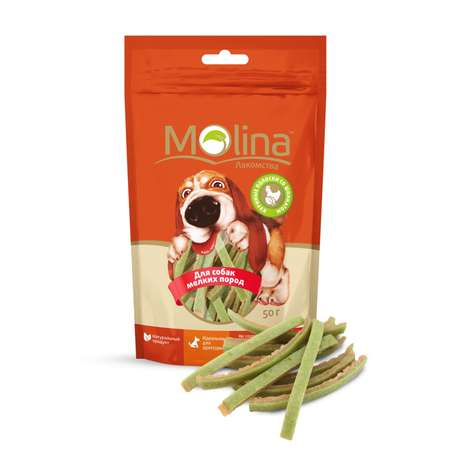 Лакомство для собак Molina мелких пород куриные полоски со шпинатом 50г