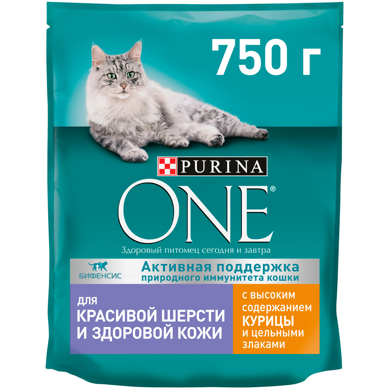 Корм для кошек Purina One для красивой шерсти здоровой кожи с высоким содержанием курицы и цельными злаками сухой 750г - фото 1