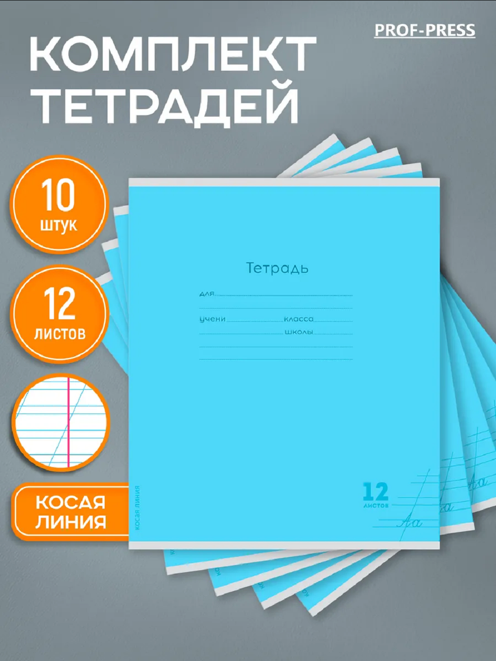Тетрадь Prof-Press косая линейка 12 лист. 10 шт. - фото 1