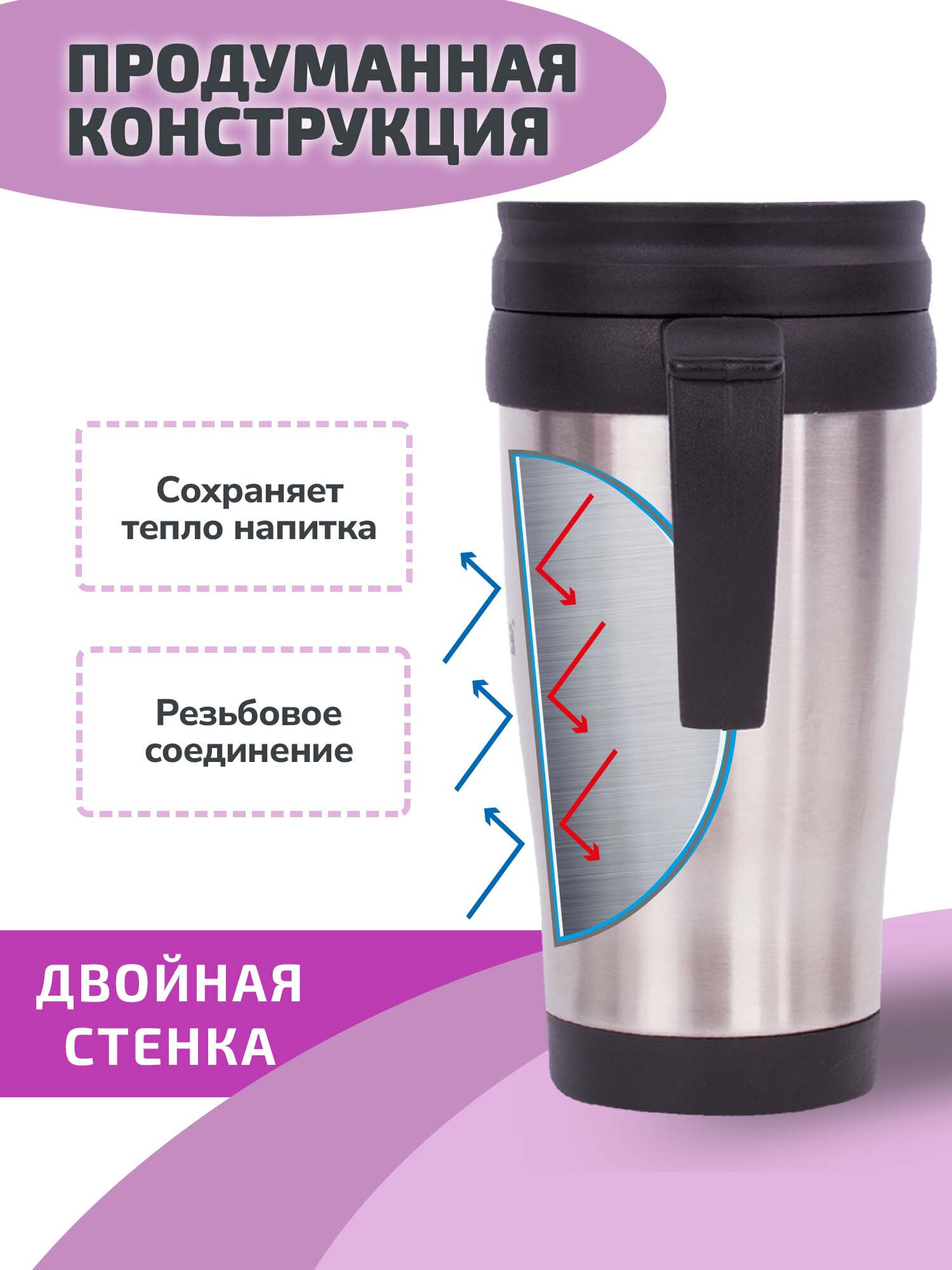 Термокружка Лайма 400 мл нержавеющая сталь серебристая - фото 3