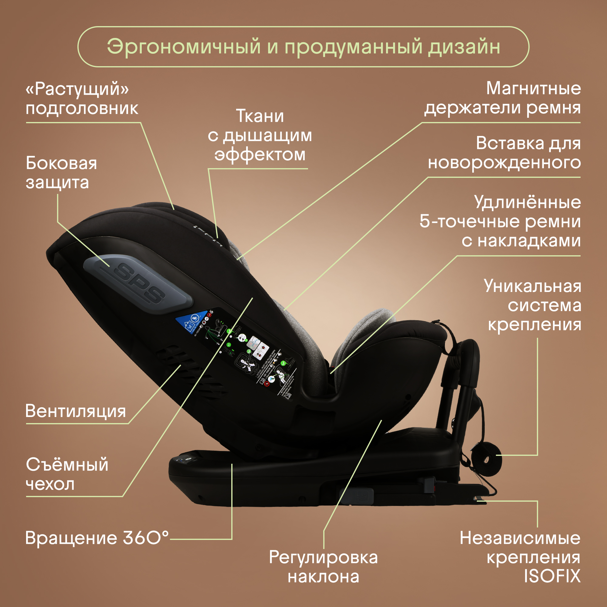 Автокресло Kidzi SPIN PLUS 360 i-SIZE Isofix 0+/1/2/3 (0-36 кг) серый - фото 4