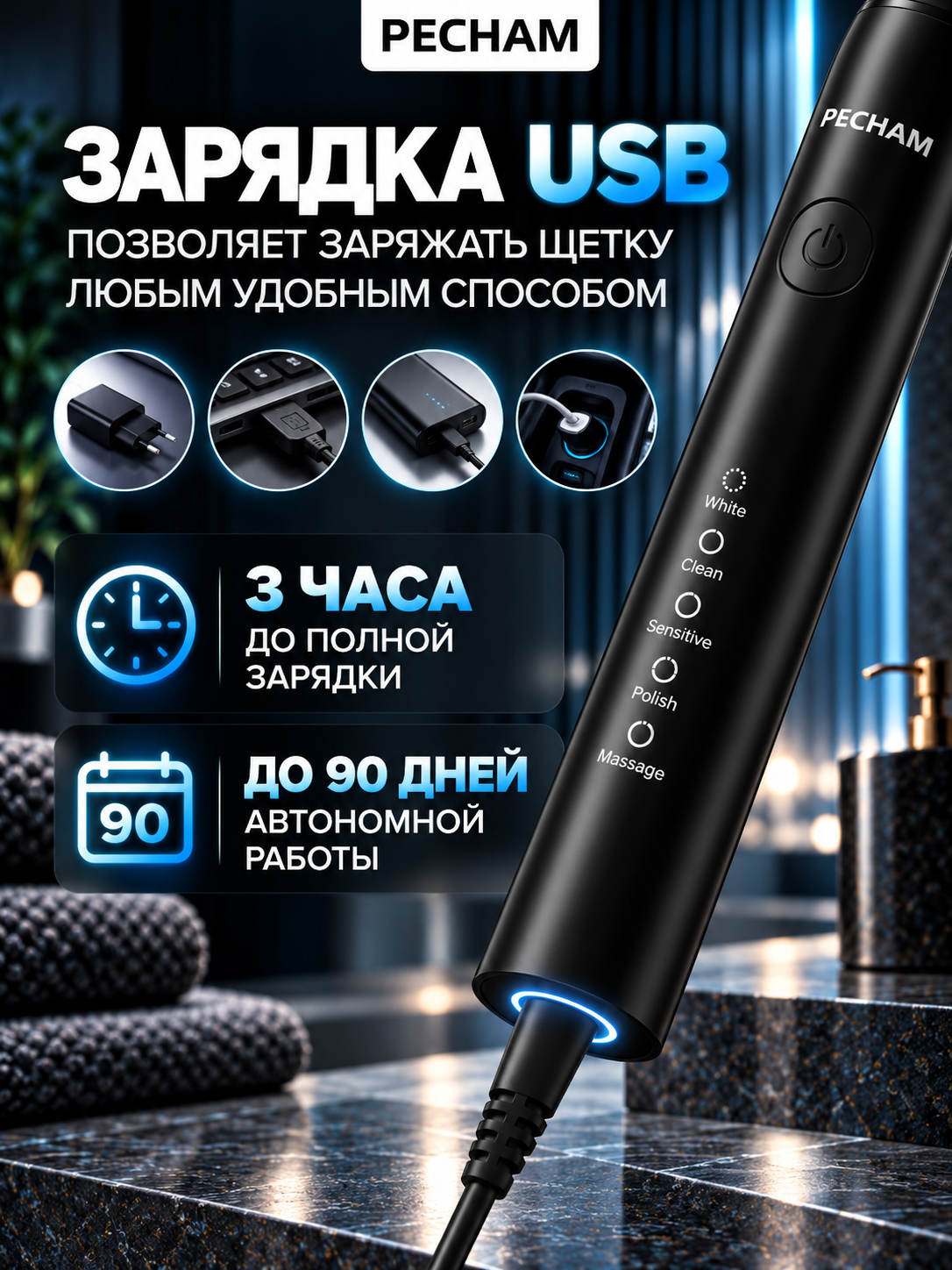 Зубная щетка электрическая PECHAM Black - фото 4