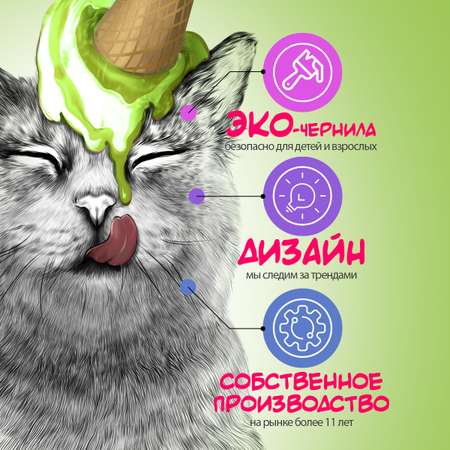 Интерьерная наклейка на стену Woozzee Кот с зеленым мороженым для декора и украшения комнаты