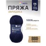 Пряжа Astra Premium Эвридика шерстяная 100 г 200 м 06 темно-синий 3 мотка