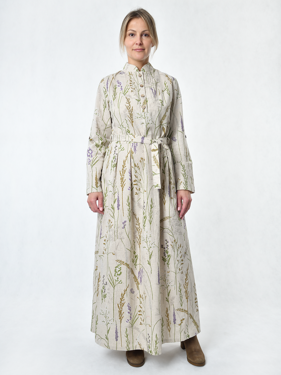 Платье Льняная Горница пл025-02/бежевый-зеленый - фото 1