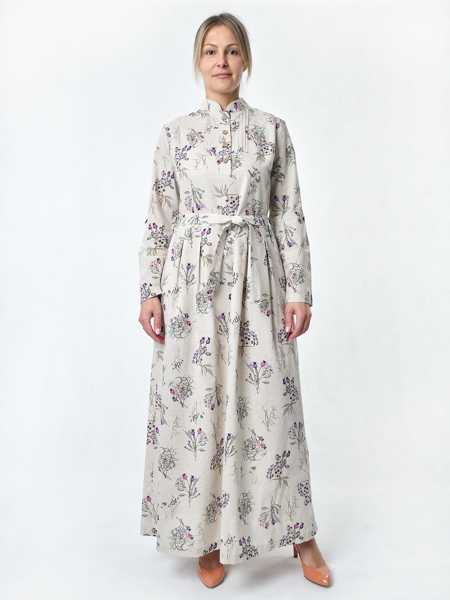 Платье Льняная Горница пл025-02/бежевый-сиреневый-серый - фото 1