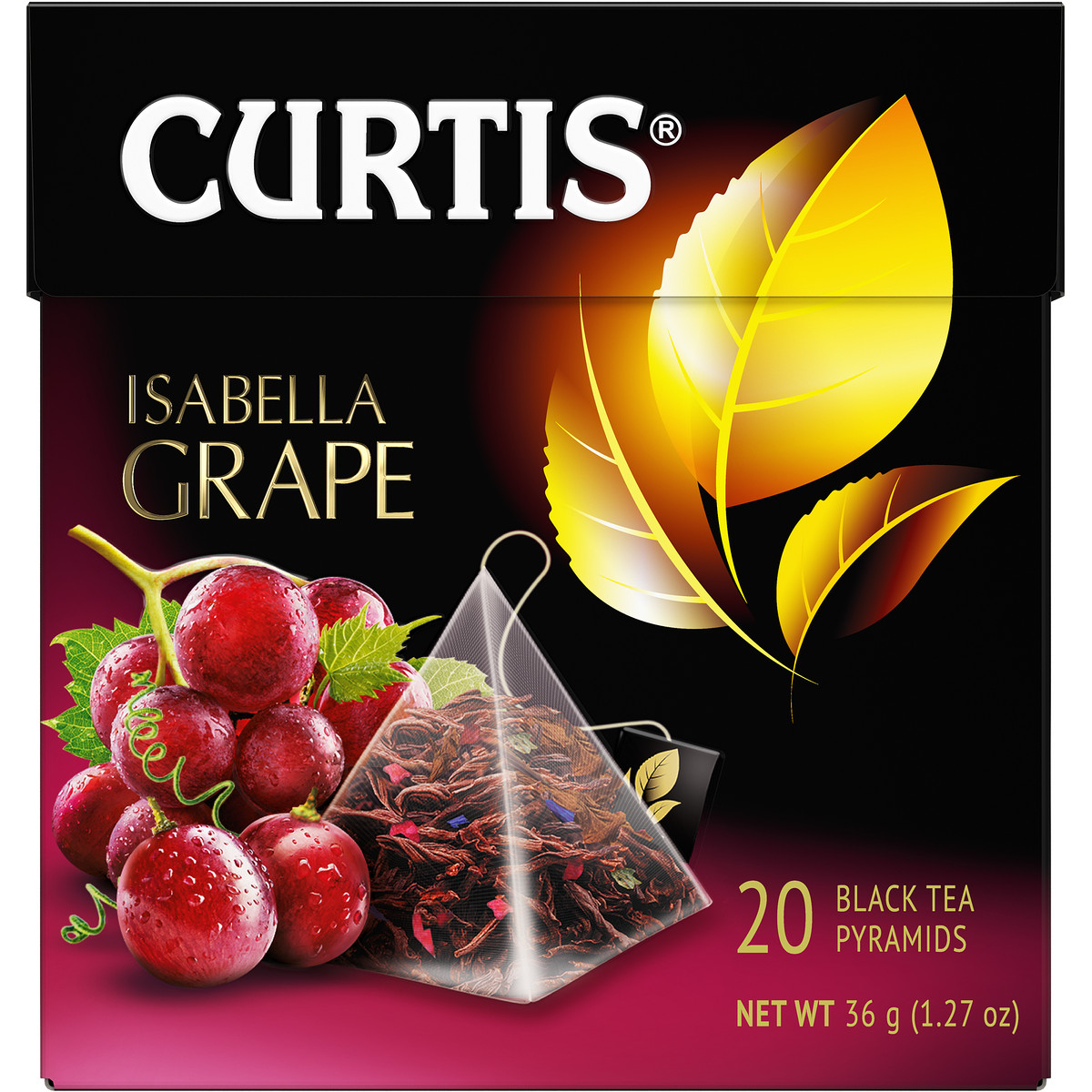 Изображение товара Чай черный Curtis Isabella Grape 20 пирамидок с кусочками красного винограда и лепестками цветов