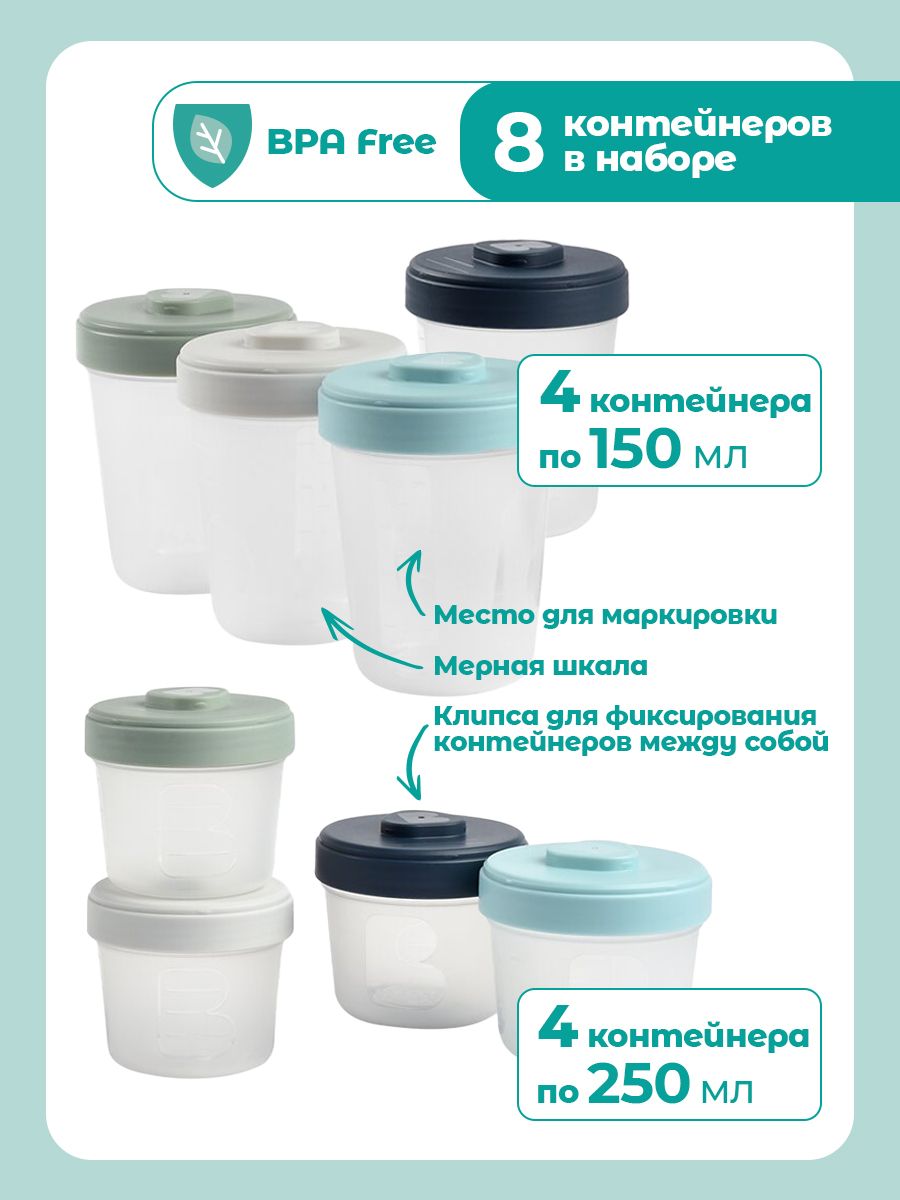 Набор контейнеров для детского питания BEABA с мерной шкалой, 8 шт: 4х150 мл, 4х250 мл - фото 3