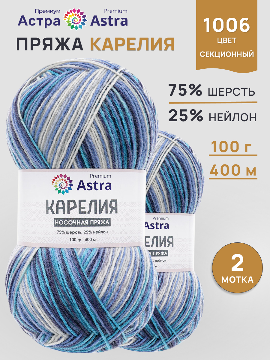 Пряжа для вязания Astra Premium карелия носочная шерсть нейлон 100 гр 400 м цвет 1006 2 мотка - фото 1