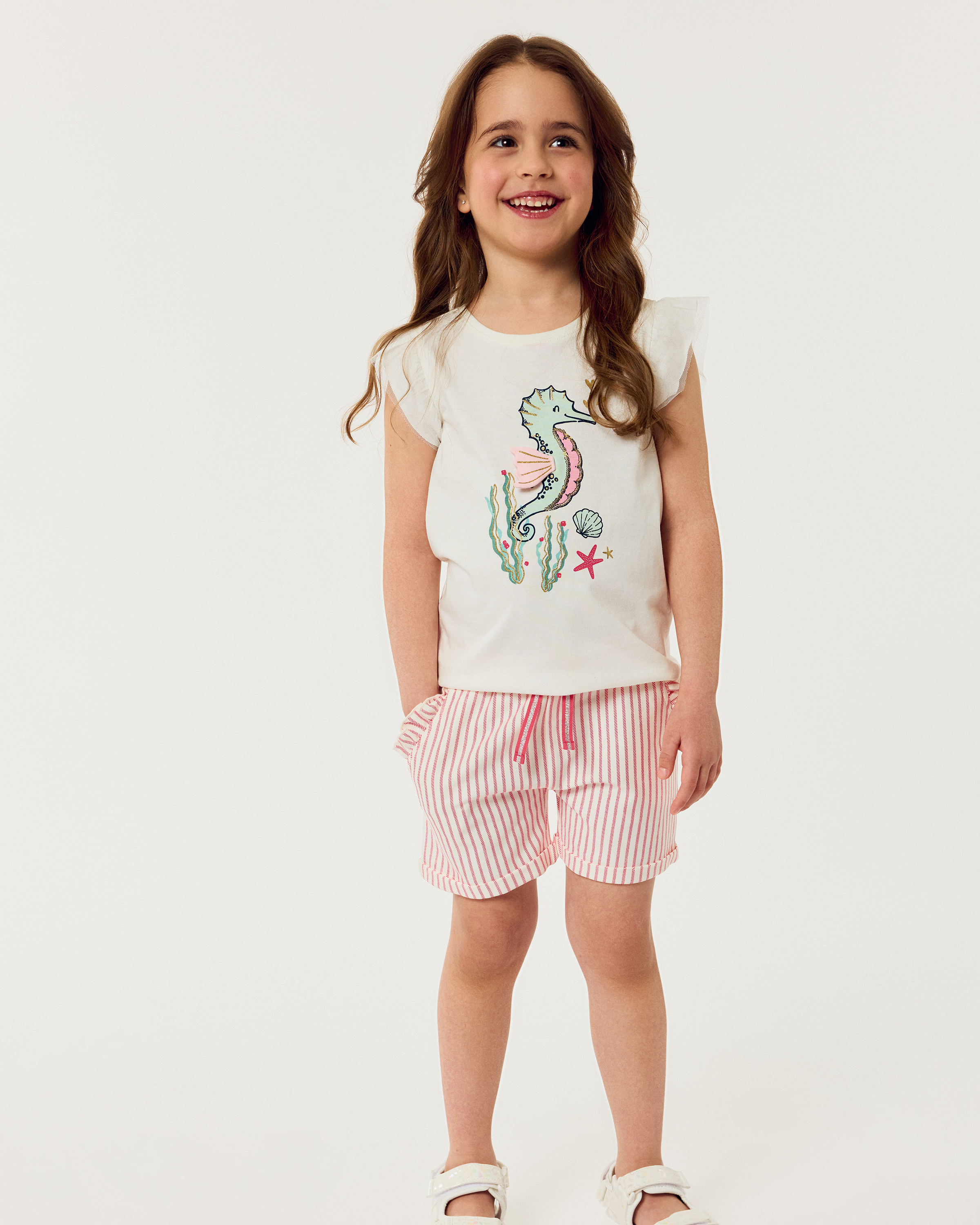 Изображение товара Шорты для девочки Futurino 92 полосатые хлопковые с оборками и карманами