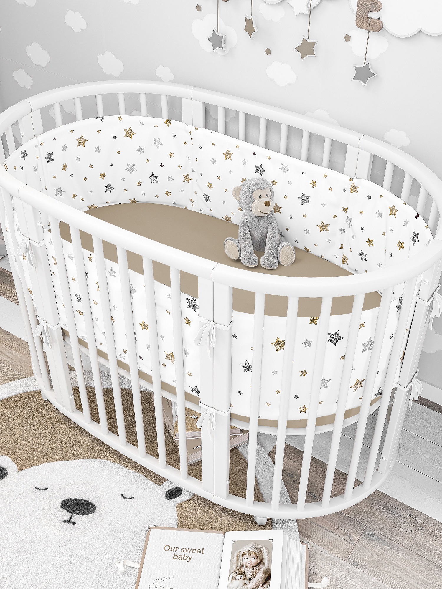 Бортики в кроватку Lemony kids Estrella 2 части по 180 см белый со звездами - фото 1