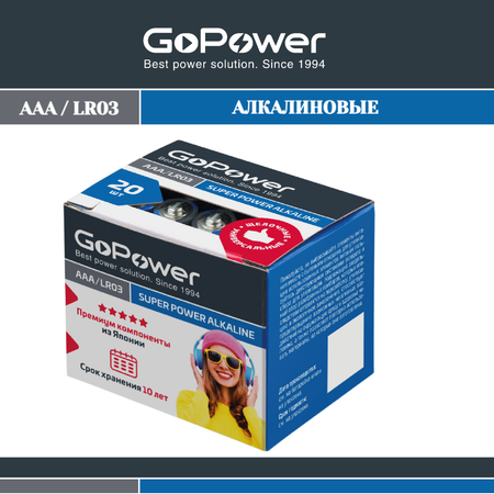 Батарейка AAA 20шт GoPower Батарейка GoPower LR03 AAA BOX20 Shrink 4 Alkaline 1.5V