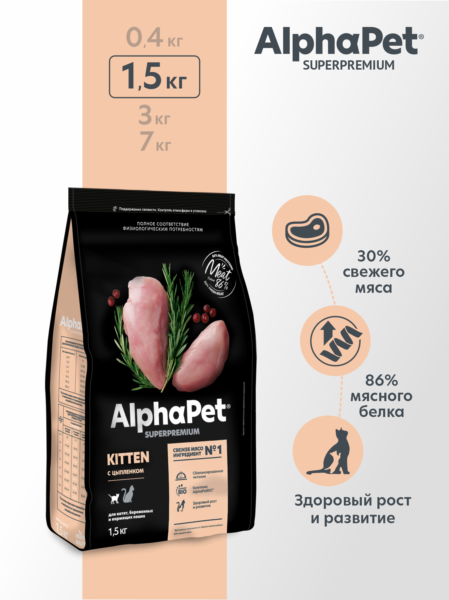 Сухой полнорационный корм холистик AlphaPet с цыпленком для котят, беременных и кормящих кошек AlphaPet Superpremium 1,5 кг - фото 1