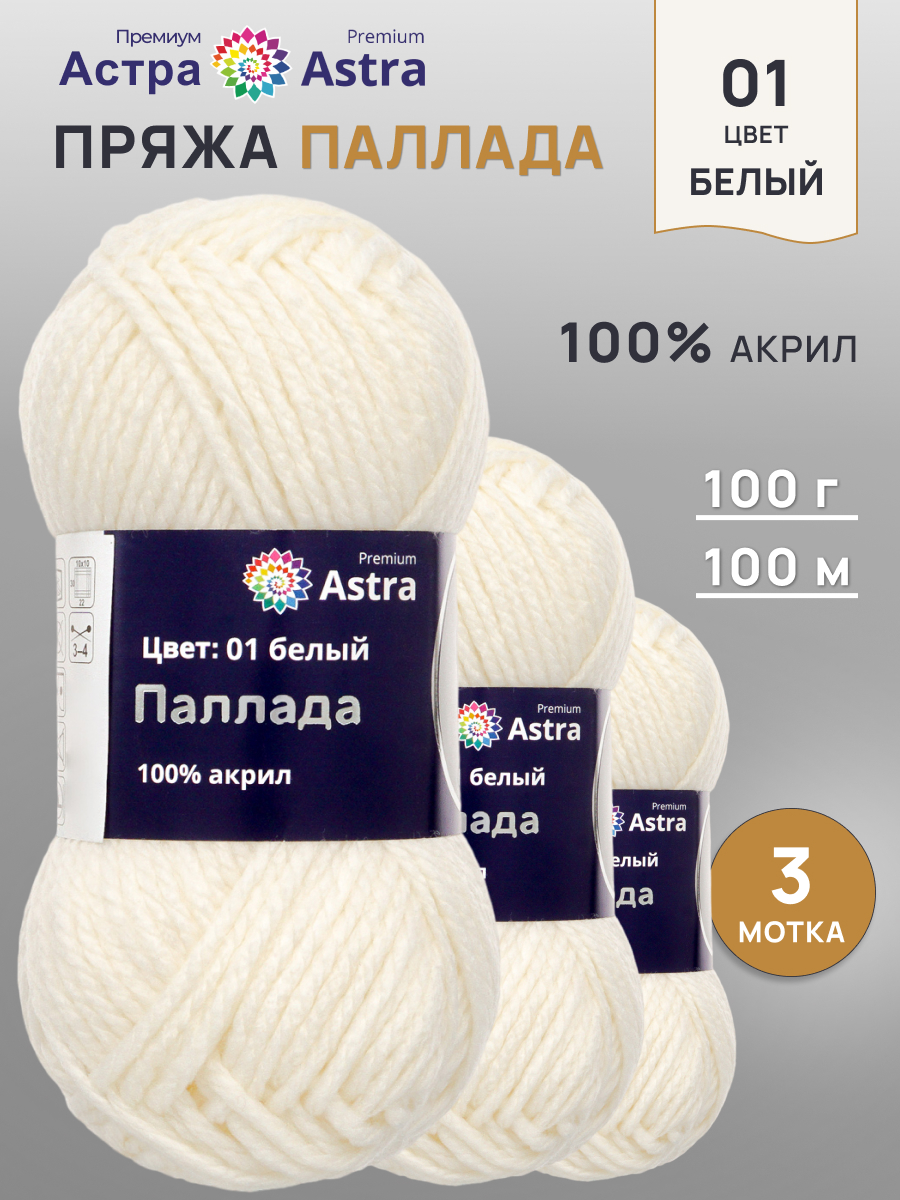 Пряжа Astra Premium Паллада акриловая 100 г 100 м 01 белый 3 мотка - фото 1