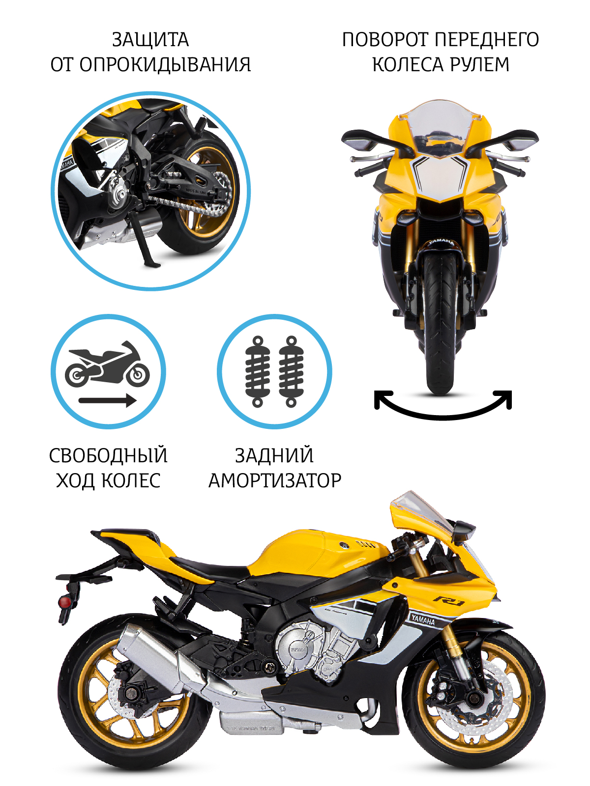Мотоцикл АВТОпанорама Yamaha YZF R1 1:12 JB1251602 - фото 2