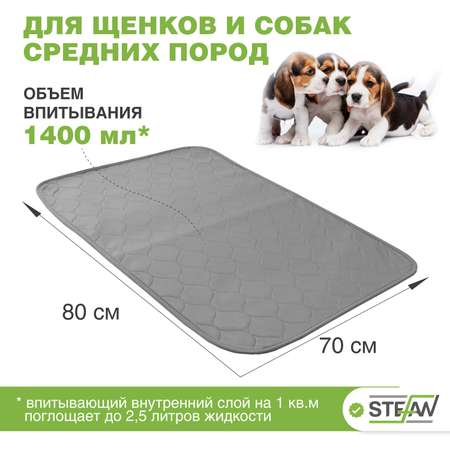 Пеленка для животных Stefan впитывающая многоразовая серая однотонная 70х80 см