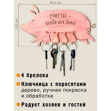 Ключница настенная деревянная свинка Бюро находок Ключница настенная деревянная в прихожую свинка \"Счастливая\", Бюро Находок