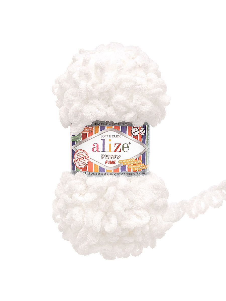 Пряжа для вязания Alize puffy fine 100 г 14.5 м микрополиэстер фантазийная мягкая 55 белый 5 мотков - фото 4