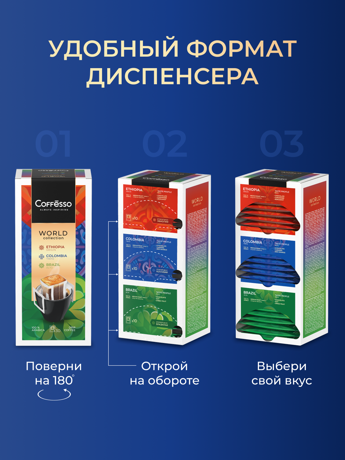 Кофе Coffesso Ассорти дрипов Бразилия Эфиопия Колумбия 30 шт - фото 2