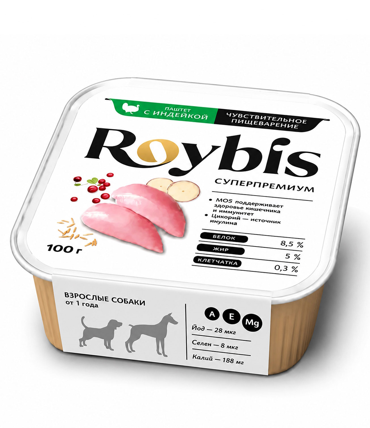 Корм полнорационный для собак Roybis для чувствительного пищеварения паштет с индейкой с потрошками 100г - фото 1
