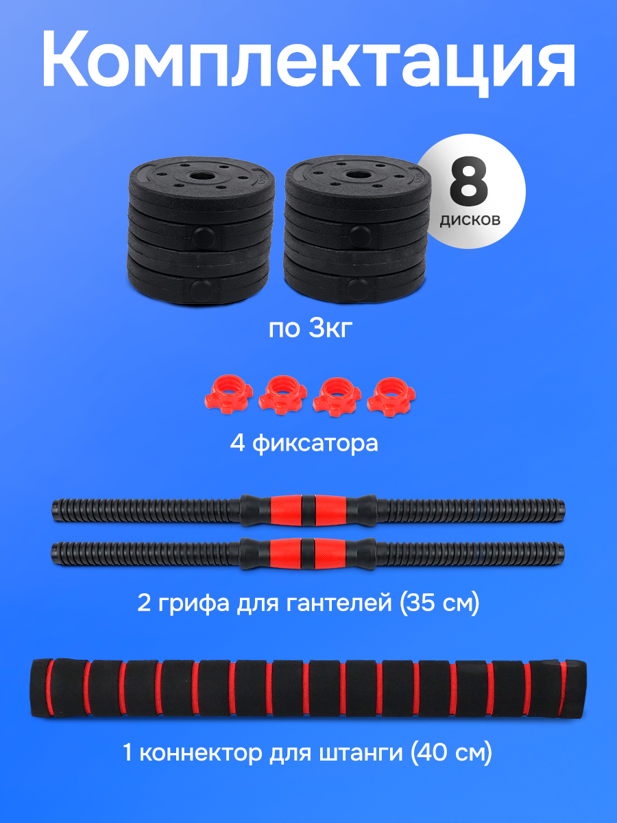Гантели U-TURN 2в1 24кг Гантели+штанга в комплекте 8 дисков - фото 3