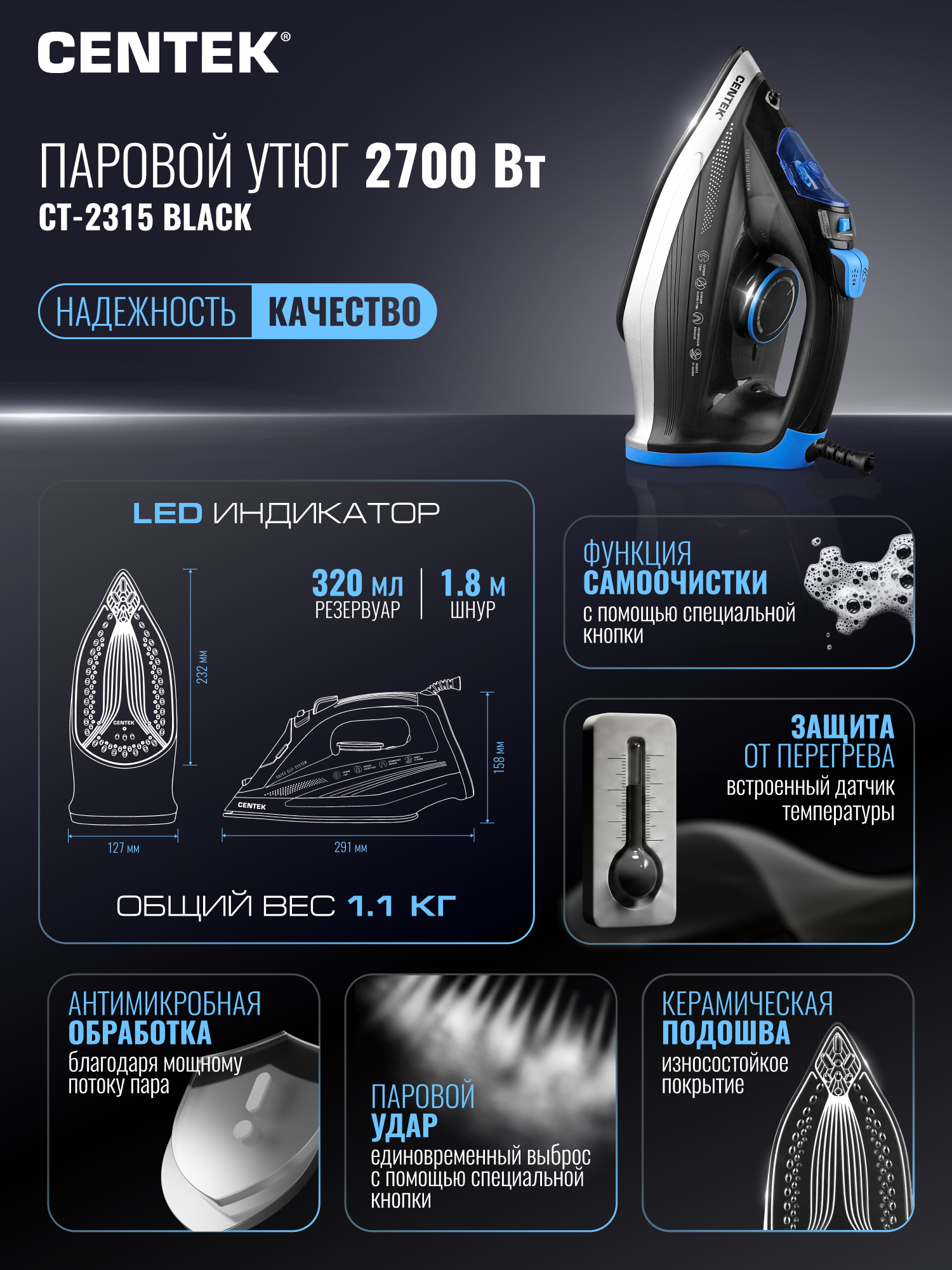 Утюг CENTEK CT-2315 BLACK - фото 9