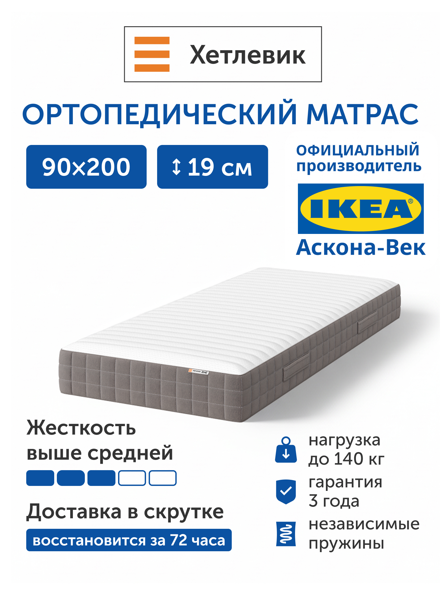Изображение товара Матрас IKEA Хетлевик 90х200 см жесткий ортопедический независимые пружины Изображение товара Матрас IKEA Хетлевик 90х200 см жесткий ортопедический независимые пружины