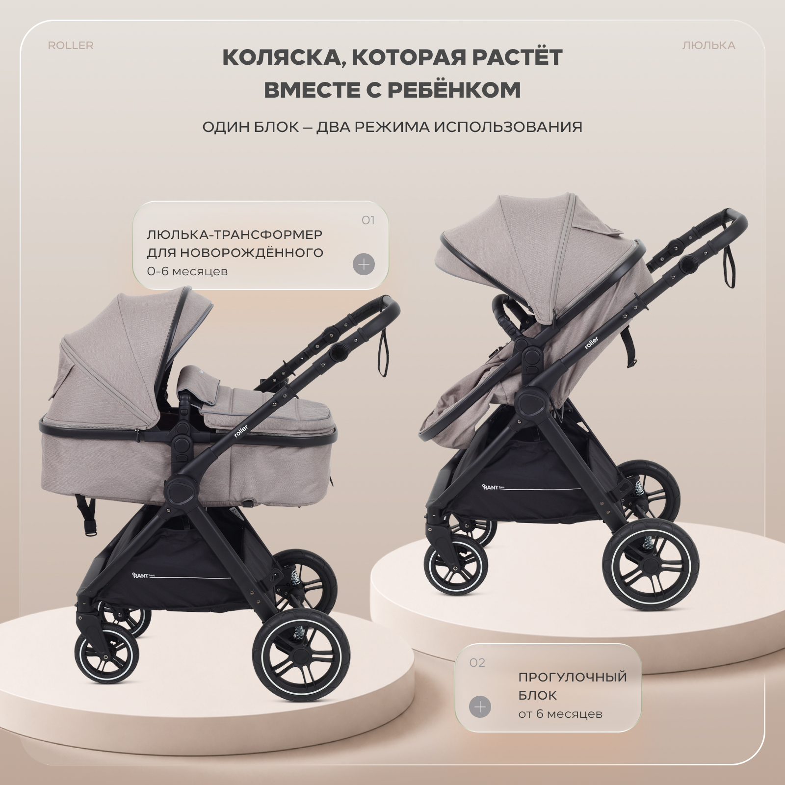 Коляска трансформер Rant Basic Roller 2в1, beige бежевый - фото 3