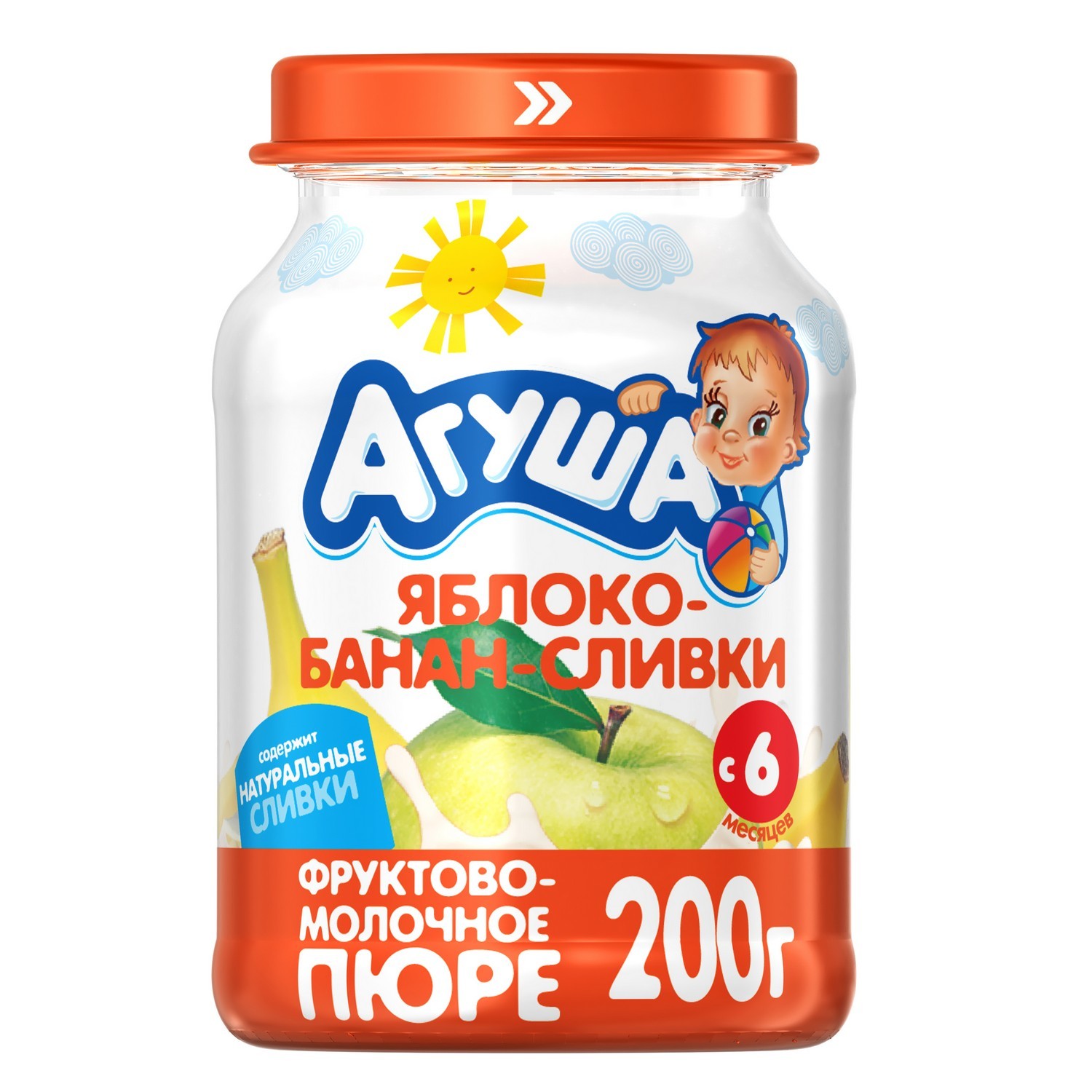 Пюре Агуша яблоко-банан-сливки 200г с 6месяцев - фото 1