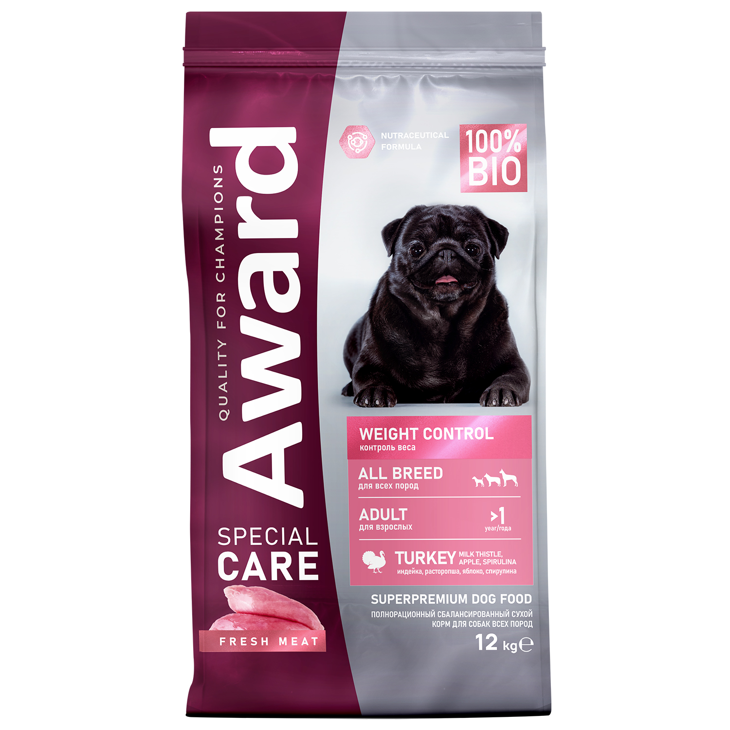 Корм для взрослых собак всех пород AWARD Special Care Weight Control для контроля веса со свежим мясом индейки сухой 12кг - фото 1