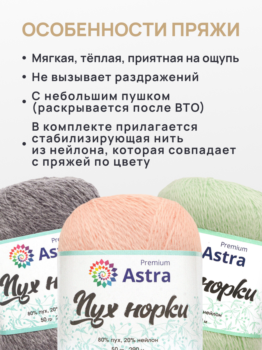 Пряжа Astra Premium Пух норки Mink yarn воздушная с ворсом 50 г 290 м 037 пудровый 1 моток - фото 2
